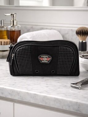 Fossil Mens Black Toiletry Bag Cosmetics Canvas Double Zipper